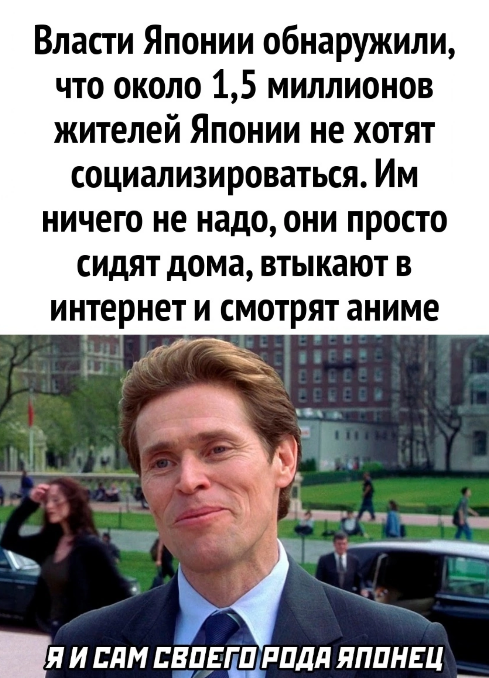 Власти Японии обнаружили, что около 1,5 миллионов жителей Японии не хотят социализироваться. Им ничего не надо, они просто сидят дома, втыкают в интернет и смотрят аниме Я И САМ СВОЕГО РОДА ЯПОНЕЦ